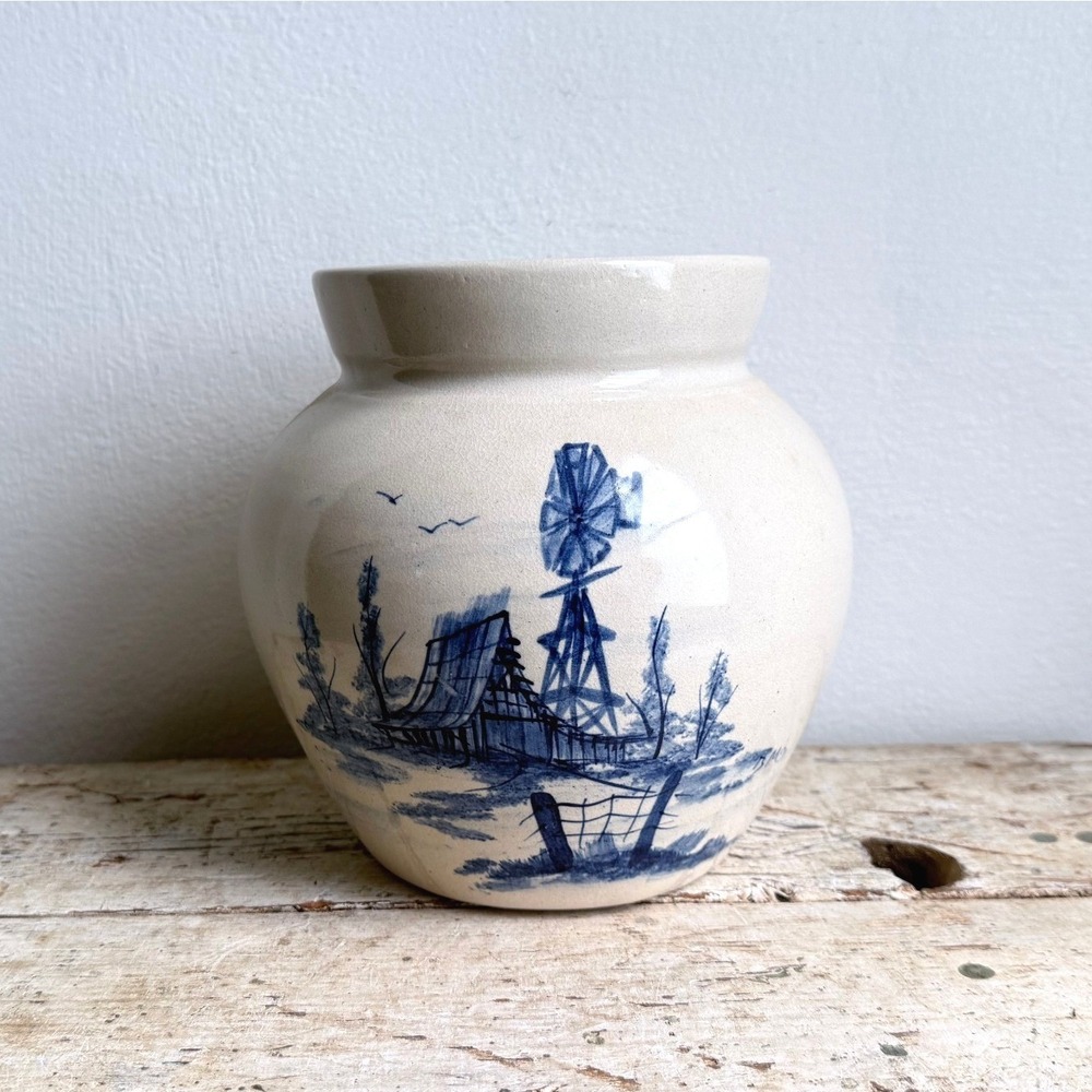 Vintage P.R. Storie Pottery Marshall TX Blue Windmill Farm Scene Crock